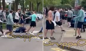 Football fan knocked out by sickening kick to head in brawl after Leicester vs West Ham