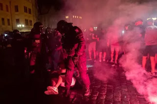 West Ham fans clash with riot police in centre of Prague with dogs deployed